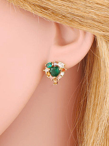 Brass Cubic Zirconia Heart Flower Cute Stud Earring