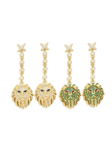 Boucles d'Oreilles Pendantes Vintage en Laiton Cubic Zirconia Lion