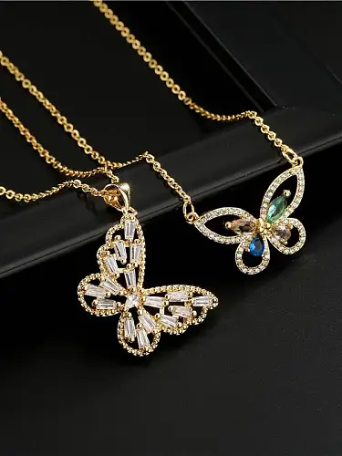 Brass Cubic Zirconia Vintage Butterfly Pendant Necklace