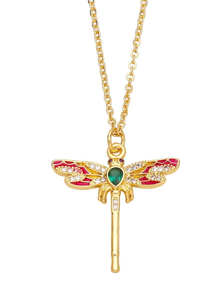 Brass Cubic Zirconia Enamel Bird Vintage Dragonfly Pendant Necklace