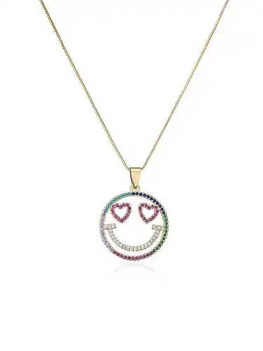 Brass Cubic Zirconia Trend Hollow Smiley Pendant Necklace