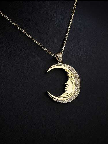 Brass Cubic Zirconia Vintage Moon Pendnat Necklace