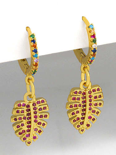Brass Cubic Zirconia Leaf Ethnic Huggie Earring