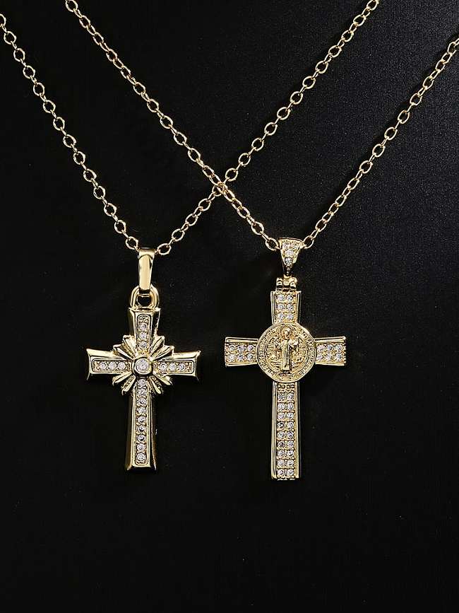 Brass Cubic Zirconia Cross Vintage Regligious Necklace