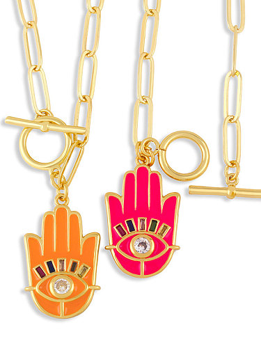 Brass Enamel Evil Eye Vintage palm Pendant Necklace