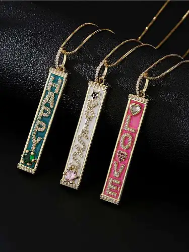 Brass Cubic Zirconia Enamel Letter Vintage Geometry Pendant Necklace