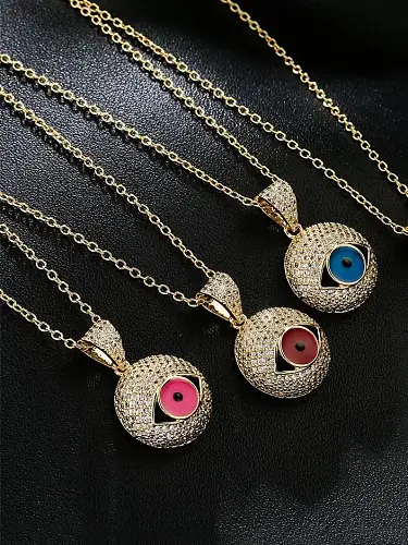 Brass Cubic Zirconia Evil Eye Vintage Round Pendant Necklace
