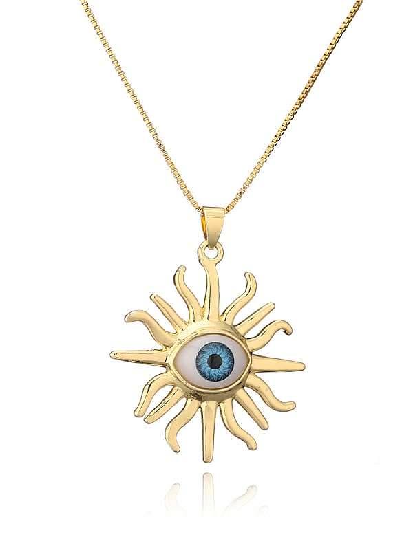 Brass Enamel Evil Eye Vintage Sun Flower Pendant Necklace