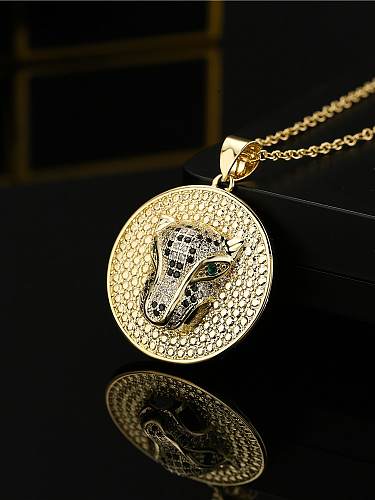 Brass Cubic Zirconia Leopard Vintage Round Pendant Necklace