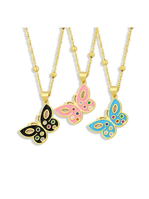 Brass Rhinestone Enamel Butterfly Vintage Necklace
