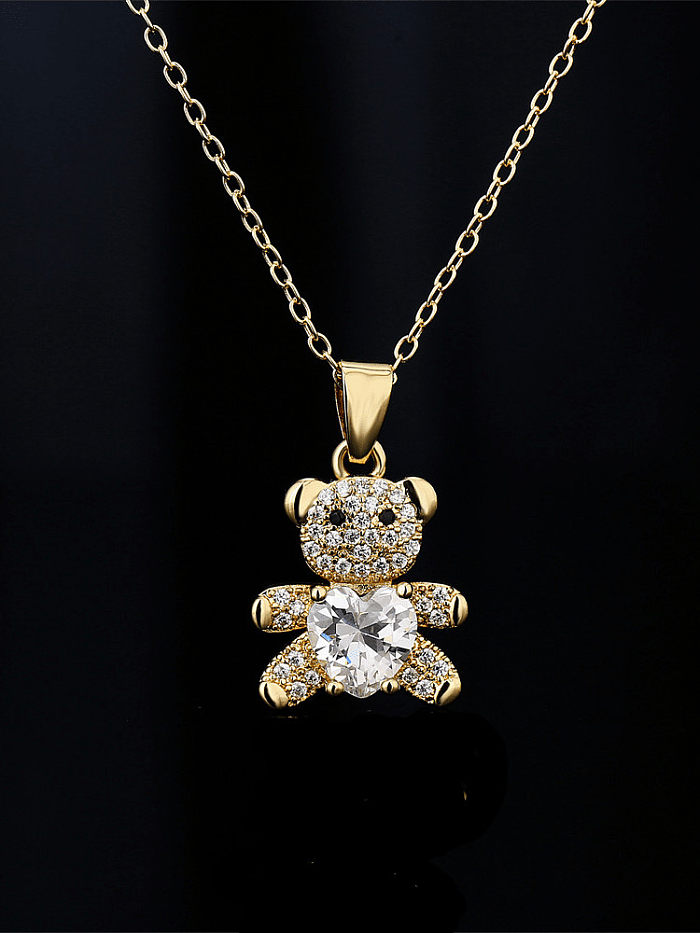 Brass Cubic Zirconia Heart Trend Bear Pendant Necklace