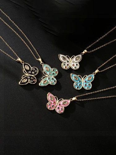 Brass Cubic Zirconia Enamel Trend Butterfly Pendant Necklace