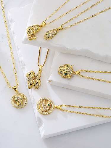 Brass Cubic Zirconia Geometric Vintage Leopard Head Pendant Necklace