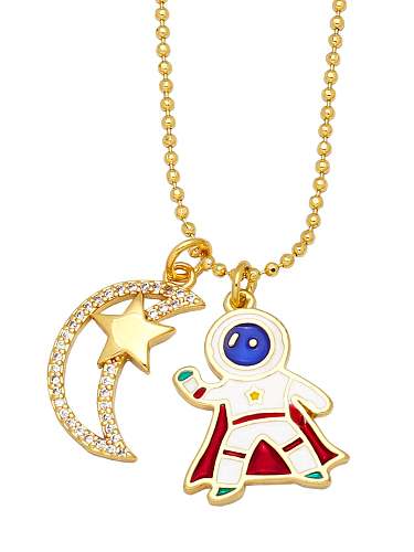 Brass Cubic Zirconia Enamel Star Vintage Astronaut Pendant Necklace