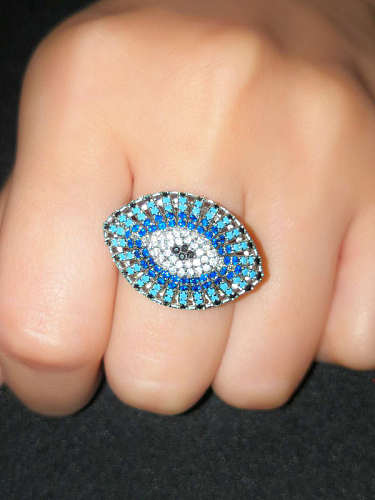 Brass Cubic Zirconia Evil Eye Statement Cocktail Ring