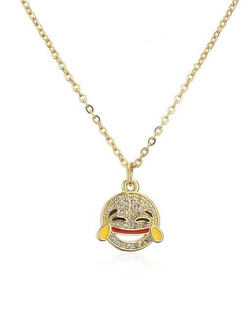 Brass Cubic Zirconia Vintage Enamel Smiley Pendant Necklace