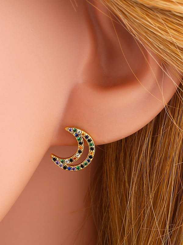 Brass Cubic Zirconia Moon Vintage Stud Earring