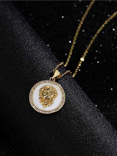 Brass Cubic Zirconia Lion Hand Vintage Enamel Round Pendant Necklace