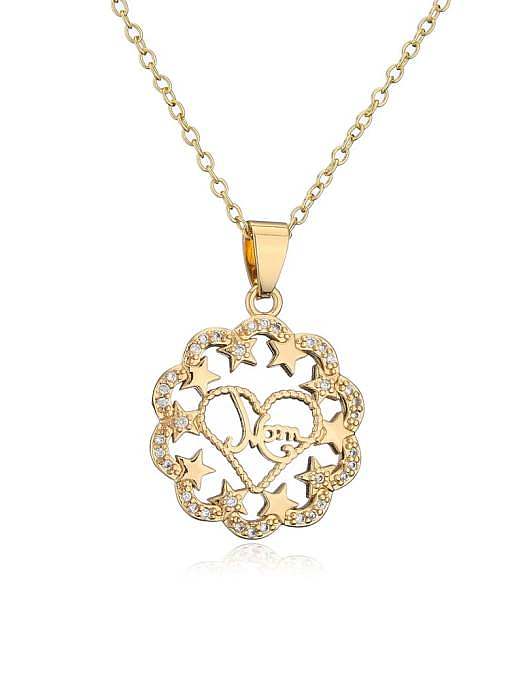 Brass Cubic Zirconia Letter Vintage Flower Pendant Necklace