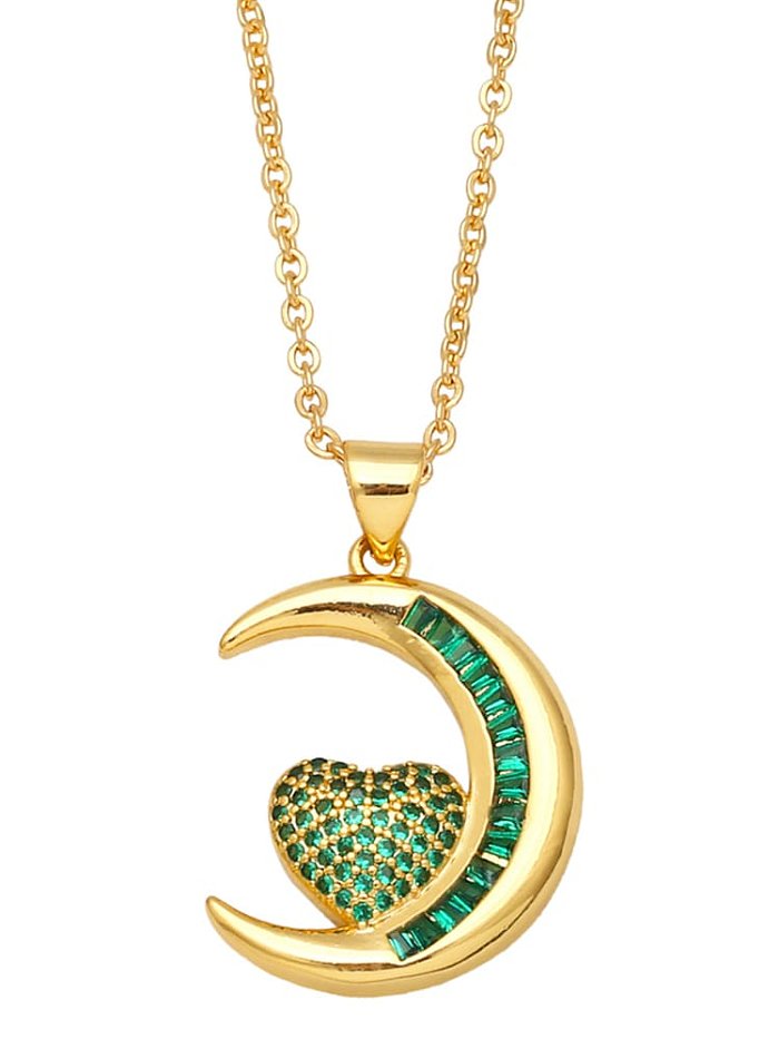 Brass Cubic Zirconia Moon Vintage Cross Heart Pendant Necklace