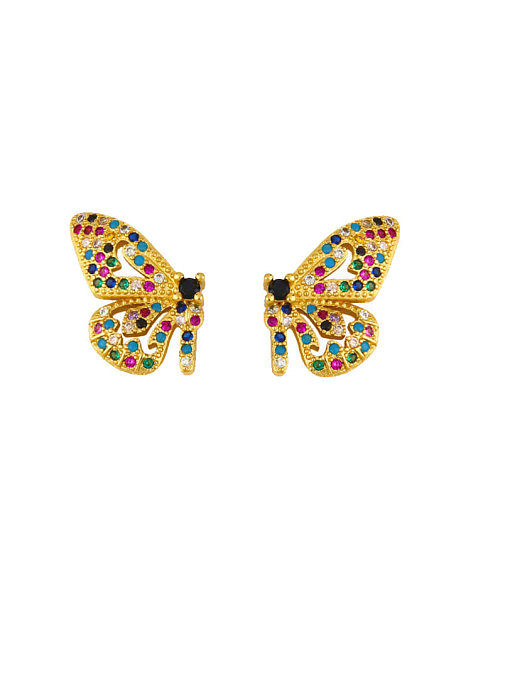 Boucles d'Oreilles Clou d'Oreille Vintage Papillon en Laiton Cubic Zirconia