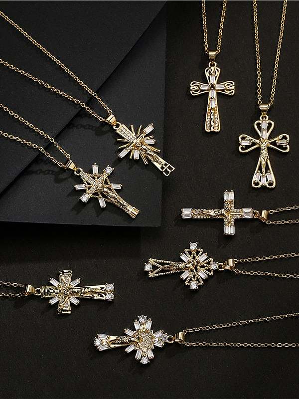 Brass Cubic Zirconia Cross Vintage Regligious Necklace