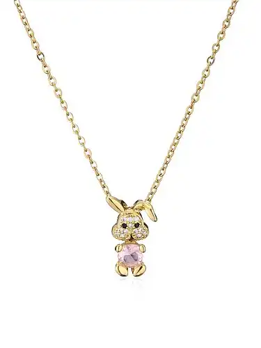 Brass Cubic Zirconia Cute Rabbit Pendnat Necklace
