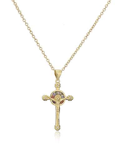 Brass Cubic Zirconia Cross Vintage Regligious Necklace