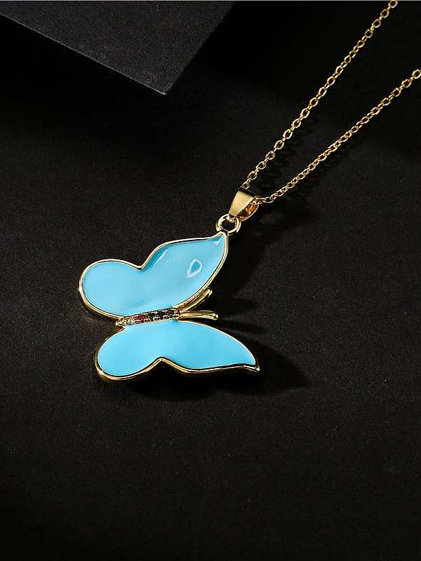 Brass Rhinestone Enamel Trend Butterfly Pendant Necklace