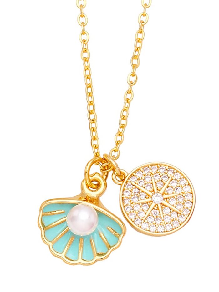 Brass Cubic Zirconia Vintage Shell Pearl Hexagram Double Pendant Necklace