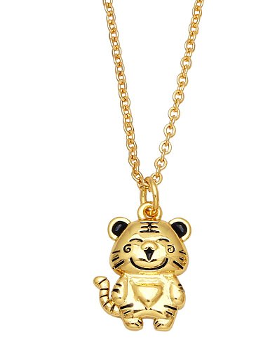 Brass Cubic Zirconia Cute Tiger Pendant Necklace
