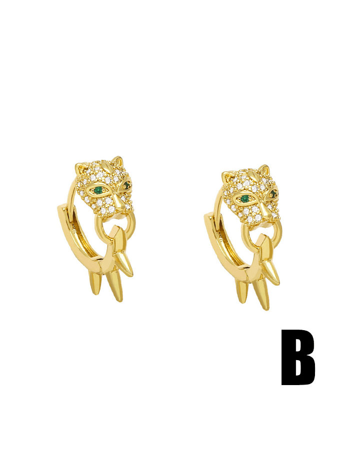 Brass Cubic Zirconia Leopard Head Cute Huggie Earring