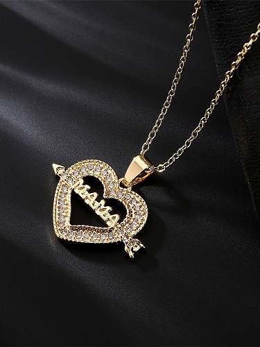 Brass Cubic Zirconia Heart Vintage Letter MAMA Pendant Necklace