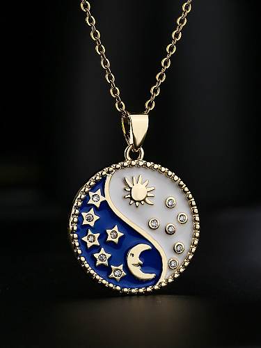 Collier pendentif rond vintage étoile lune en émail zircon cubique en laiton