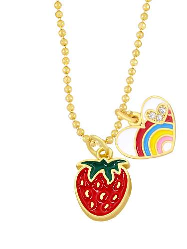 Brass Cubic Zirconia Enamel Rainbow Hip Hop Strawberry Pendant Necklace