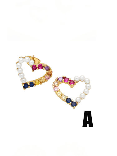 Brass Cubic Zirconia Heart Vintage Stud Earring