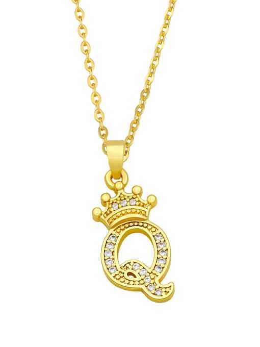 Brass Cubic Zirconia Crown Vintage Letter Pendant Necklace