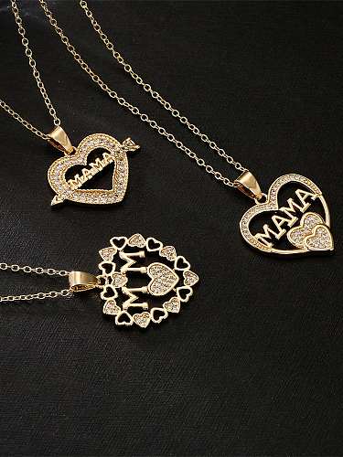 Brass Cubic Zirconia Heart Vintage Letter MAMA Pendant Necklace