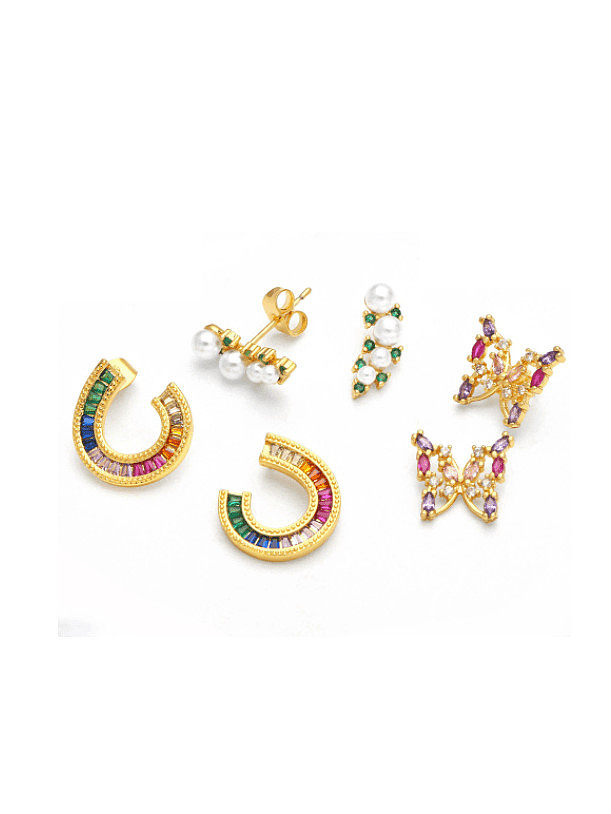 Brass Cubic Zirconia Geometric Vintage Stud Earring