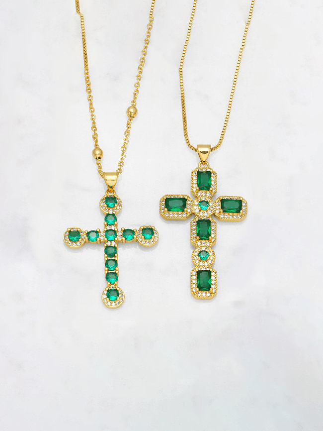 Brass Cubic Zirconia Cross Vintage Regligious Necklace