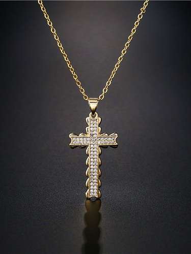 Brass Cubic Zirconia Vintage Cross Pendant Necklace