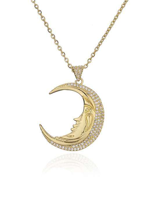 Brass Cubic Zirconia Vintage Moon Pendnat Necklace