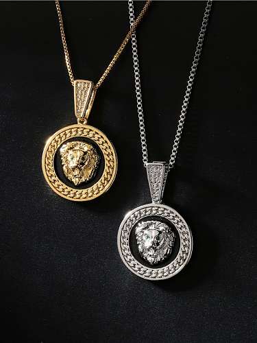 Brass Cubic Zirconia Lion Hand Vintage Round Pendant Necklace