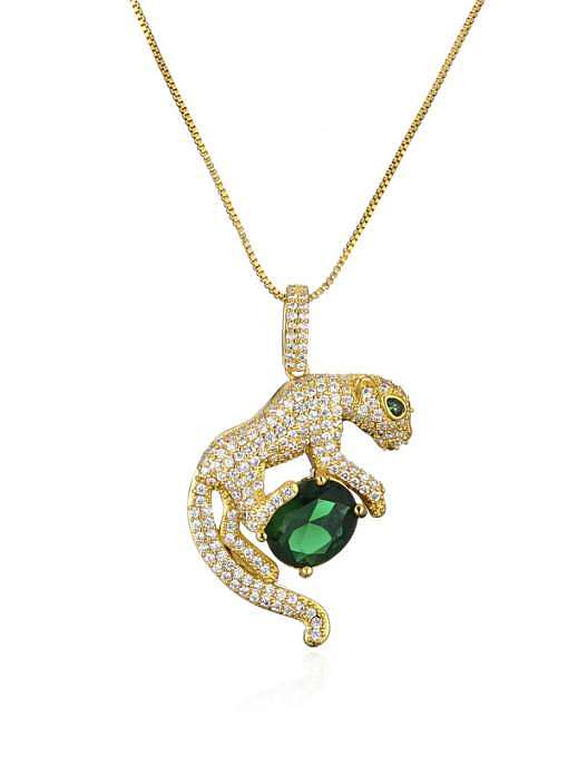 Brass Cubic Zirconia Vintage Leopard Pendant Necklace