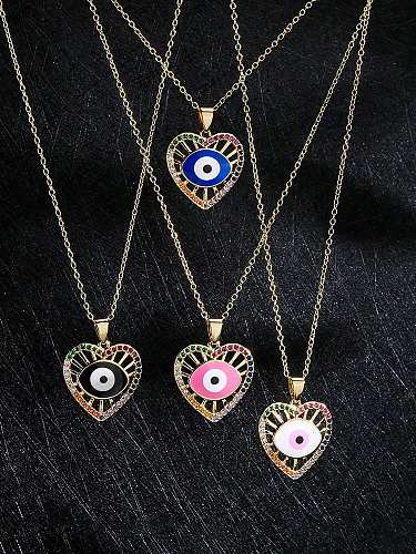 Brass Cubic Zirconia Enamel Evil Eye Vintage Hollow Heart Pendant Necklace