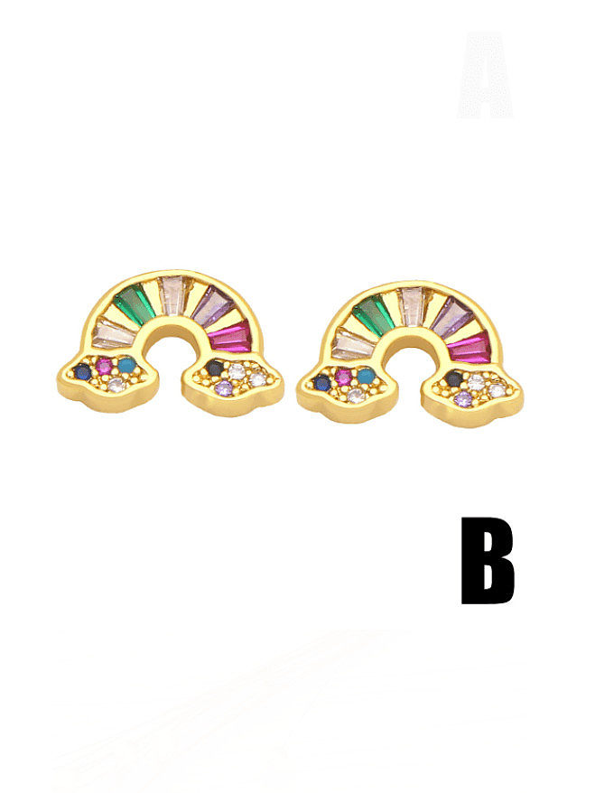 Brass Cubic Zirconia Rainbow Cute Heart Stud Earring