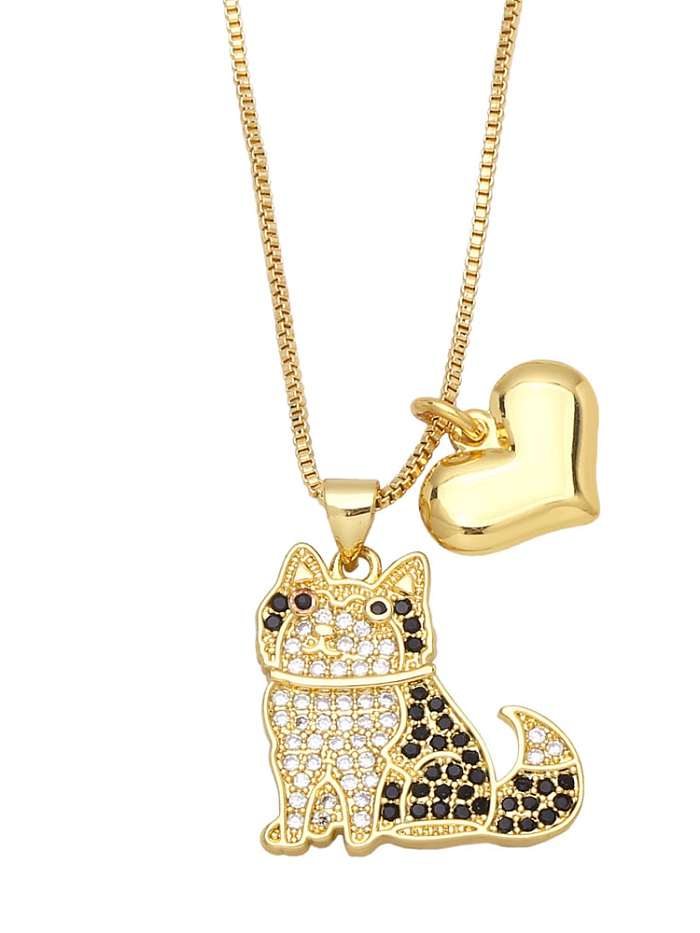 Brass Cubic Zirconia Heart Cute Dog Love Double Pendant Necklace