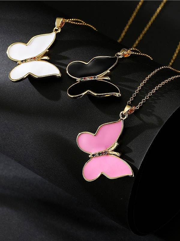 Brass Rhinestone Enamel Trend Butterfly Pendant Necklace