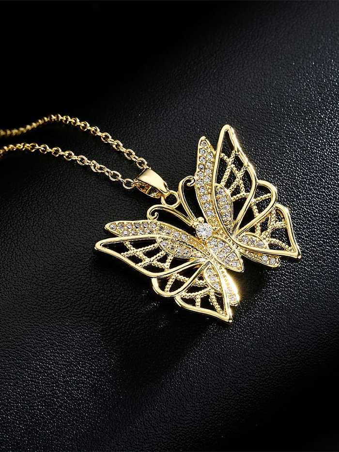 Brass Cubic Zirconia Vintage Hollow Butterfly Pendant Necklace