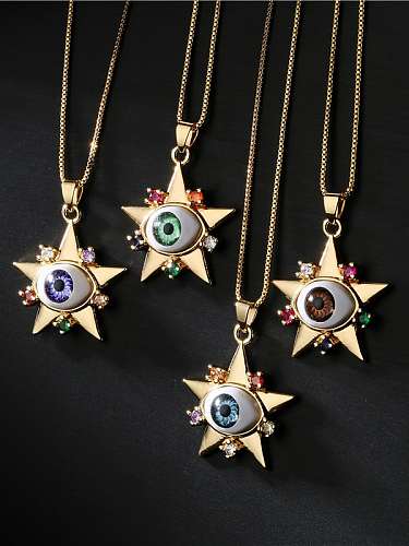 Brass Rhinestone Enamel Evil Eye Vintage Five-pointed star Pendant Necklace